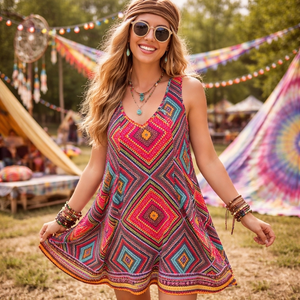 Nwt APRICOT Multicolor Geometric Mini Dress | Boho Tribal Print Sleeveless
